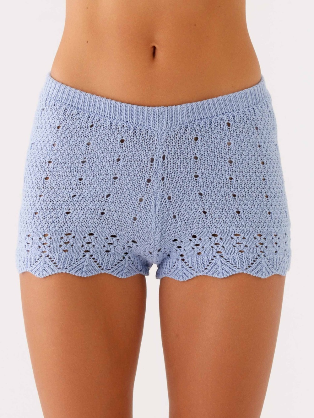 Peppermayo Light Blue Knit Lace-Trim Crochet Shorts